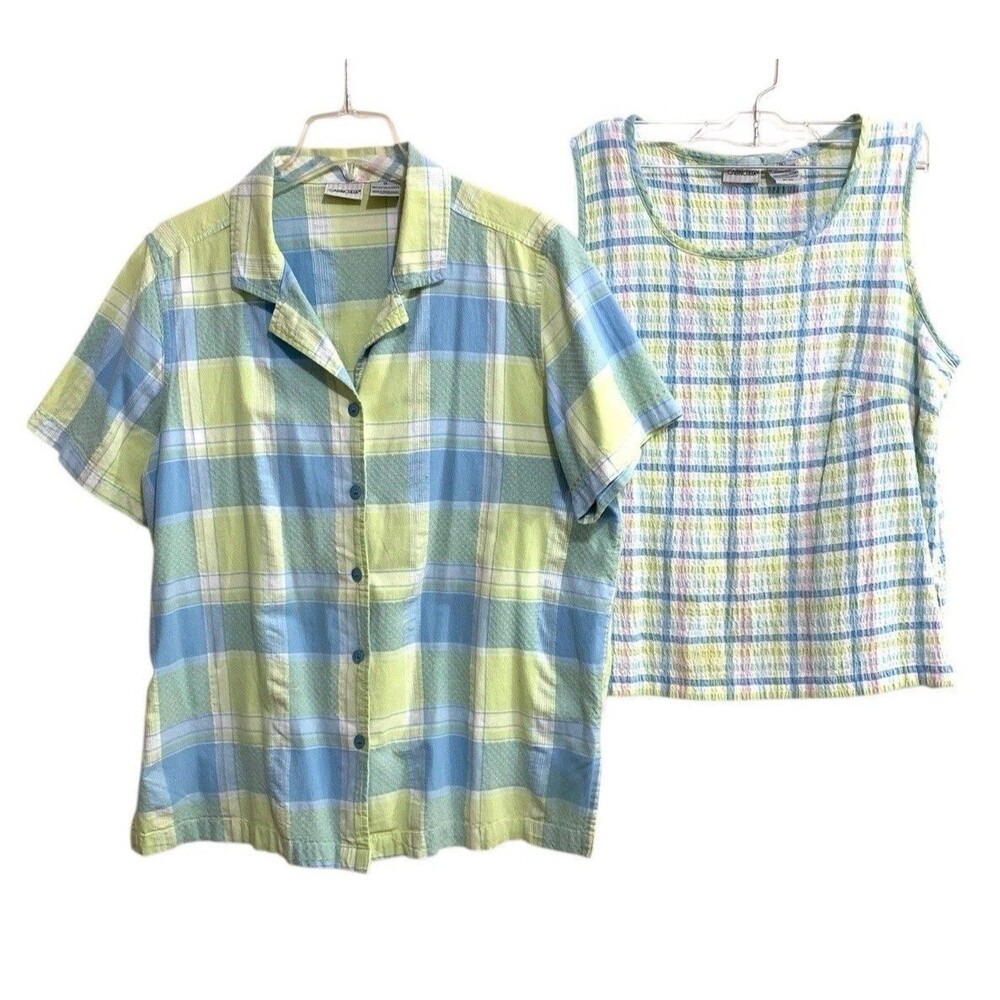 Cabin Creek Blouse & Tank Top Combo Womens Size 1X Plaid Short Sleeve Button-Up